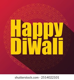 Yellow color Happy Diwali bold 3d text with a long shadown and beautiful mandala on red background. India traditional festival diwali celebration greeting card, poster, banner, template.