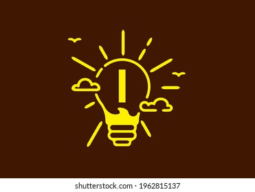 Color amarillo de la letra inicial en forma de bombilla con diseño de fondo oscuro