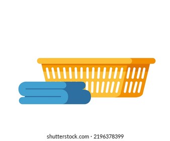 Yellow color laundry basket with blue folded tower housekeeping organizer vector illustration isolated on white background