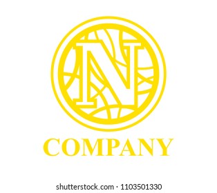 yellow color logo symbol type letter n initial business logo design idea illustration shape in circle with beautiful curvy oval line art for premium corporate