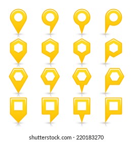 Yellow color map pin icon satin location sign with empty copy space, gray shadow and reflection isolated on white background. Web design element save in vector illustration 8 eps