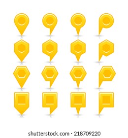 Yellow color map pin sign satin location icon with dark empty copy space and gray shadow, reflection isolated on white background. Web design element save in vector illustration 8 eps