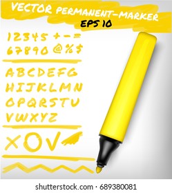 Yellow color open permanent marker pen, handwritten digits set, numerals, figure and alphabet check sign, plus, line.Vector felt-pen illustration 
