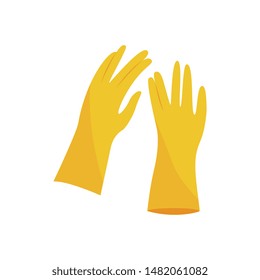 Yellow color pair of gloves in flat or cartoon style, vector illustration isolated on white background. Protective rubber gloves for cleaning housework or construction hand wear equipment