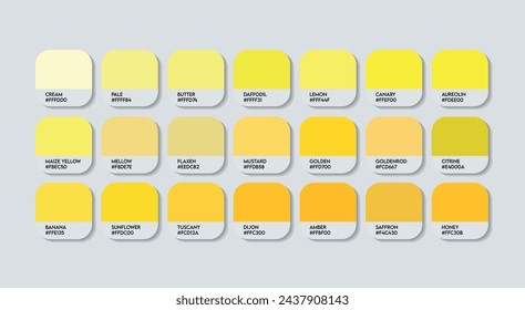 Paleta de colores amarillos, Guía de colores amarillos con nombres de colores. Catálogo Muestras Amarillo con códigos RGB HEX y Nombres. Paleta de colores de metal Vector, madera y plástico Paleta de colores amarillos claros, tendencia de moda