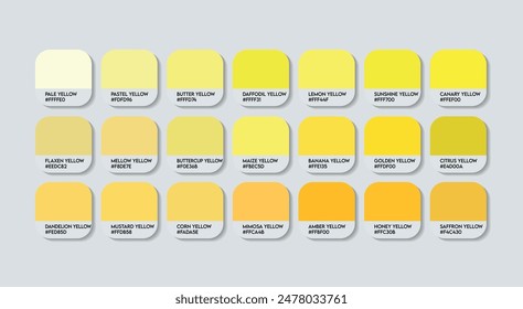 Paleta de colores amarillos, Paleta de guías de colores amarillo Peo con nombres de colores. Catálogo Muestras de Amarillo con códigos RGB HEX y Nombres. Vector de la paleta de color amarillo de Fashion Trend. Pintura, Colores de plátano de fruta