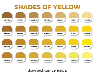 Yellow color palette with RGB HEX color codes, Hex codes, Fashion trend yellow color palette, Shades of yellow, Swatches set, yellow color references