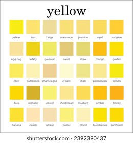 Yellow Color Palette, Color Shades, Colour Guide with Names in RGB Vector