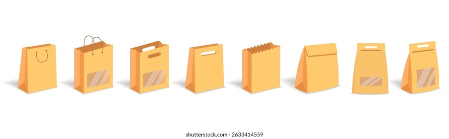 yellow color paper shopping bags set isolated on white background. vector illustration.