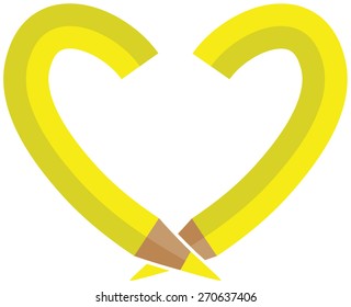 yellow color pencil in a heart shape