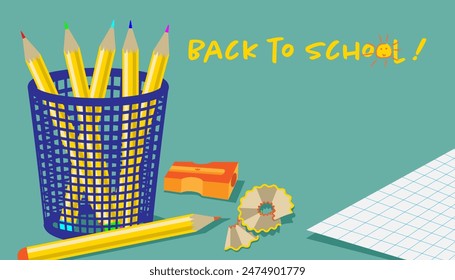 Yellow color pencils in a blue mesh pencil holder, pencil shavings, an orange pencil sharpener and a sheet of graph paper on a cyan background with Back to school text and a childrens drawing of a sun