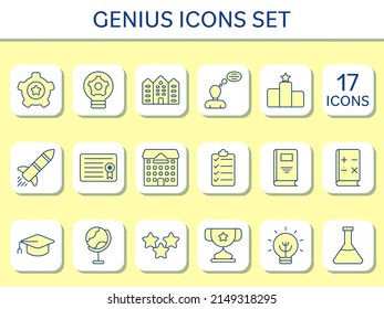 Yellow Color Set Of Genius Sqaure Icon In Flat Style.
