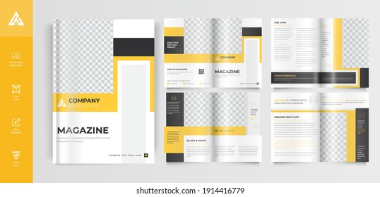 Yellow color shape company 8-page brochure template layout Vector
