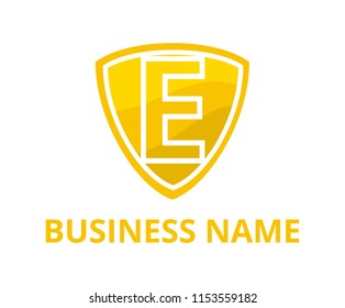 yellow color simple triangle shield logo graphic design with modern clean style for protection or security company with initial type letter e on it
