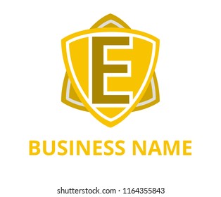 yellow color simple triangle shield shape hexagon star logo graphic design with modern clean style for protection or security company with initial type letter e on it