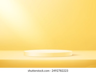 Fondo amarillo de la sala de estudio. Vector de fondo de color amarillo 3d con podio. Habitación vacía con efecto de luz. Espacio para vender productos en el Sitio web. Podio de escenario. Ilustración vectorial.