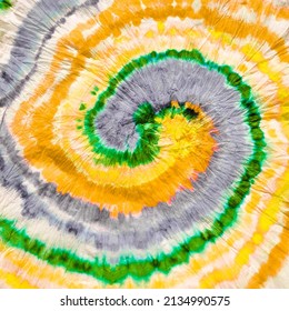 Gelbes Farbschwenken-Muster. T-Shirt Print. Vektor Tie Dye Swirl. Gelber Zehnthaun. Gradient Green Tie Dye. Gelbes Zwergmuster. Spiral 1960 Hintergrund. Spiral Tie Dye Swirl. Graugelbe Tiechtonfarbe.
