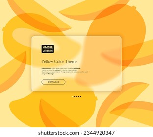 Yellow Color Theme.  Translucent frosted glass and mango fruits. Vector image in the glassmorphism style.