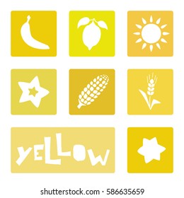 Yellow color, tint set. Flat element, icon sun, star, lemon, banana, corn, cookies, spike. Vector illustration, silhouette, isolated.