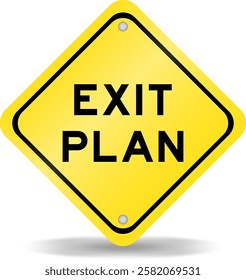 Yellow color transportation sign with word exit plan on white background