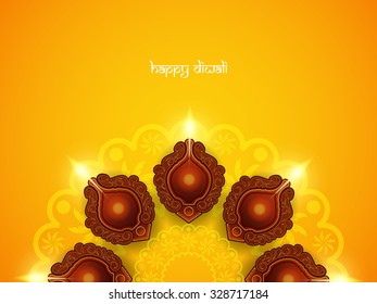 Yellow color vector card design for Diwali festival with beautiful lamps.