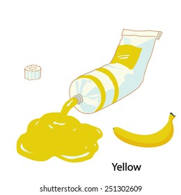 Yellow color. Vector illustration of paint tube and banana.