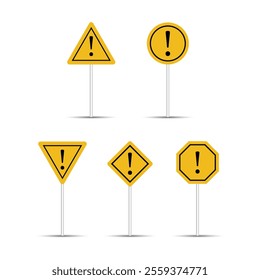 Yellow color warning and caution road sign isolated on a white background. Multiple shape billboard signs design. Exclamatory billboard collection. Traffic signs with a warning icon.