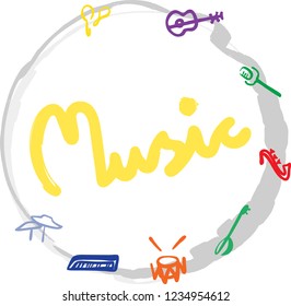 yellow color word music and hand drawn circle with instruments silhouettes. vector illustration. card, banner, square design