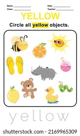 Yellow color worksheet. Circle all yellow objects. Handwriting practice for kids. Education about color. Vector illustration file.
