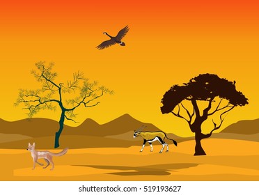 Paisaje desierto de color amarillo, arenas, animales del desierto, ilustración vectorial