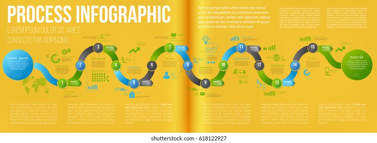 Yellow colored double page a4 spread template business concept timeline arrows. Infographics layout with 15 steps, workflow history with diagram,presentation and graph