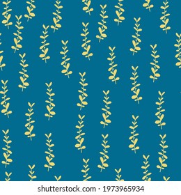 Yellow colored eucalyptus ornament random seamless pattern. Blue bright background. Herbal backdrop. Graphic design for wrapping paper and fabric textures. Vector Illustration.
