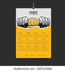 yellow colored gym company 12 month 2022 vector wall calendar design for wrestler boxer