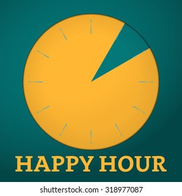 Yellow colored happy hour clock on the green background. Vector illustration.