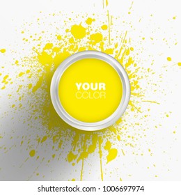 Yellow colored paint bucket vector illustration with splashes and spots on the ground and editable text box on the top of the cover eps 10