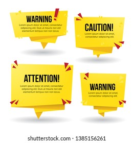 Yellow colored paper banner style design set, warning signs