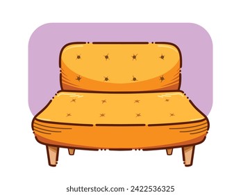 Yellow colored sofa seats vector illustration isolated on horizontal background. Simple flat cartoon art styled comfortable couch drawing.