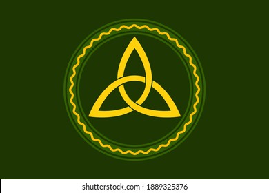 Yellow colored triquetra, celtic triangle knot, within green circle frame, with orange serpentine line, over moss green. Triangular knot, used in ancient Christian ornamentation. Illustration. Vector.