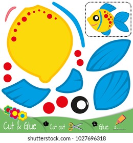 Yellow colorful fish with blue fins and red circles. Education paper game for preshool children. Vector illustration.