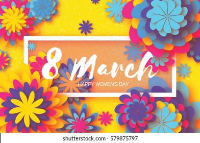 Yellow Colorful Paper Cut Flower. 8 March. Women's Day Greeting card. Origami Floral bouquet. Rectangle frame. Space for text on Yellow background. Happy Mother's Day. Vector Spring illustration