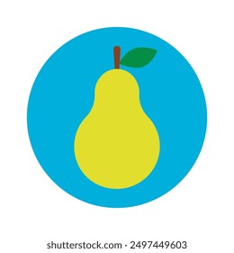 Yellow colorful pear Icon in a blue circle. Pear symbol flat style for your web site design and logo, app, UI. Fresh ripe pear with leaf, fruit, healthy food and vegan concept. Vector illustration.