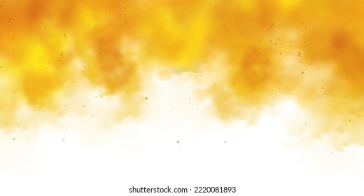 Yellow colorful smoke clouds isolated on white background, realistic mist effect, fog. Vapor in the air, steam flow. Vector illustration