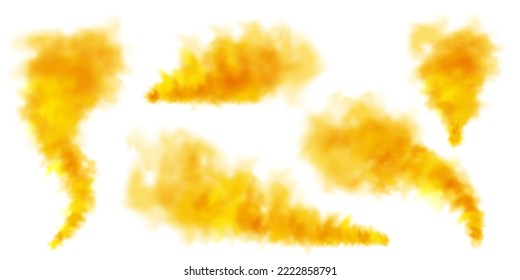 Yellow colorful smoke clouds isolated on white background, realistic mist effect, fog. Vapor in the air, steam flow. Vector illustration