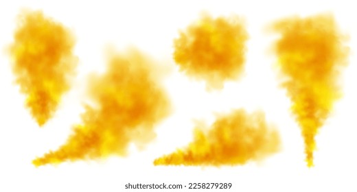 Yellow colorful smoke clouds isolated on white background, realistic mist effect, fog. Vapor in the air, steam flow. Vector illustration