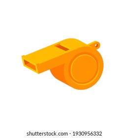 Yellow colorful whistle icon isolated on white background. Sound beep for police, referee, footbol and basketbol. Vector illustration.