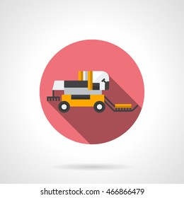 Yellow combine harvester with long shadow. Agricultural machinery. Field summer job. Round flat color style vector icon