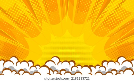 Yellow comic abstrack background pop art book or poster background with halftone and clouds effect