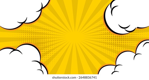 Yellow comic background with clouds and rays