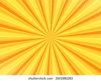 Gelber, komischer Hintergrund mit Halbton. Pop-Art-Effekt, Comic-orangefarbener Hintergrund mit Blitz-Halbtonpunkten. Vektorgrafik.