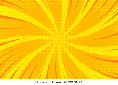 Yellow comic background with radial rays of light. Cartoon manga starburst and pop art dotted effect. Retro anime vector beams on orange backdrop with action lines.